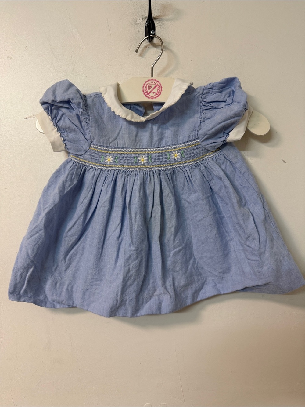 Classic Blue Smocked Baby Dress with White Collar vintage